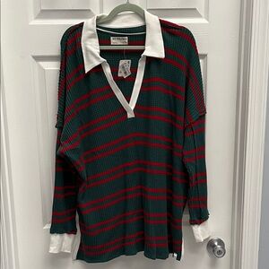We The Free Waffle Knit Textured Green Top with Red Stripes